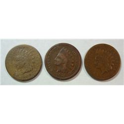 3 SCARCE DATE INDIAN CENTS 1867, 1868, 1874 ALL G-VG
