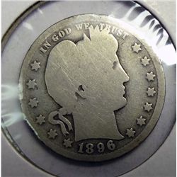 1896-O BARBER QUARTER WEAK, GOOD