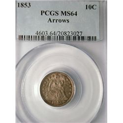 1853 ARROWS SEATED DIME PCGS MS64 SPECTACULAR COLORS!