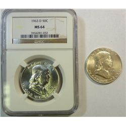 FRANKLIN 1/2 LOT, 1954-S CH BU & 1963-D NGC MS64