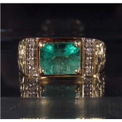 10K GOLD MENS EMERALD AND DIAMOND RING - SIZE 9