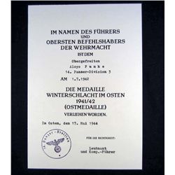 GERMAN NAZI DOCUMENT FOR THE EASTERN FRONT MEDAL