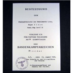 GERMAN NAZI SS DOCUMENT FOR THE ARMY BADGE 50 ENGAGEMENTS IN SILVER