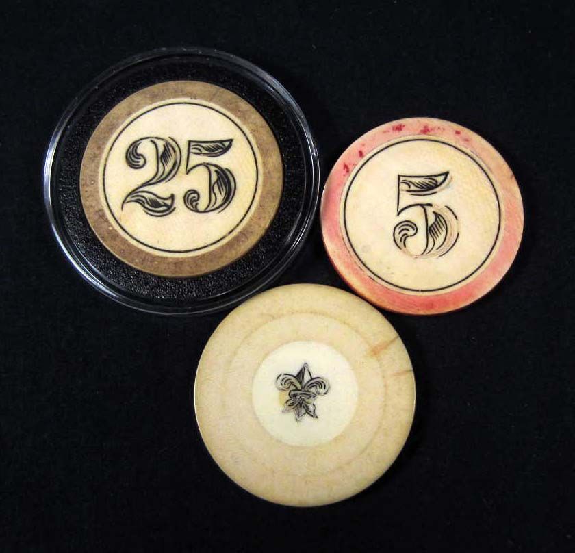 LOT OF 3 RARE OLD WEST COWBOY ERA SCRIMSHAWED IVORY POKER CHIPS