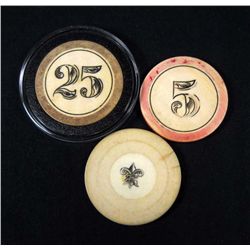 LOT OF 3 RARE OLD WEST COWBOY ERA SCRIMSHAWED IVORY POKER CHIPS