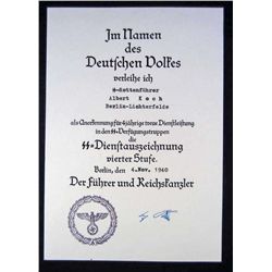 GERMAN NAZI DOCUMENT FOR THE SS FOUR YEAR LONG SERVICE MEDAL