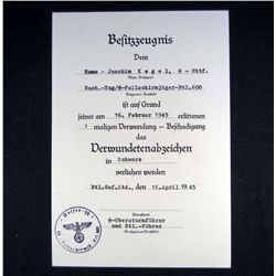 GERMAN NAZI SS DOCUMENT FOR THE WOUND BADGE IN BLACK