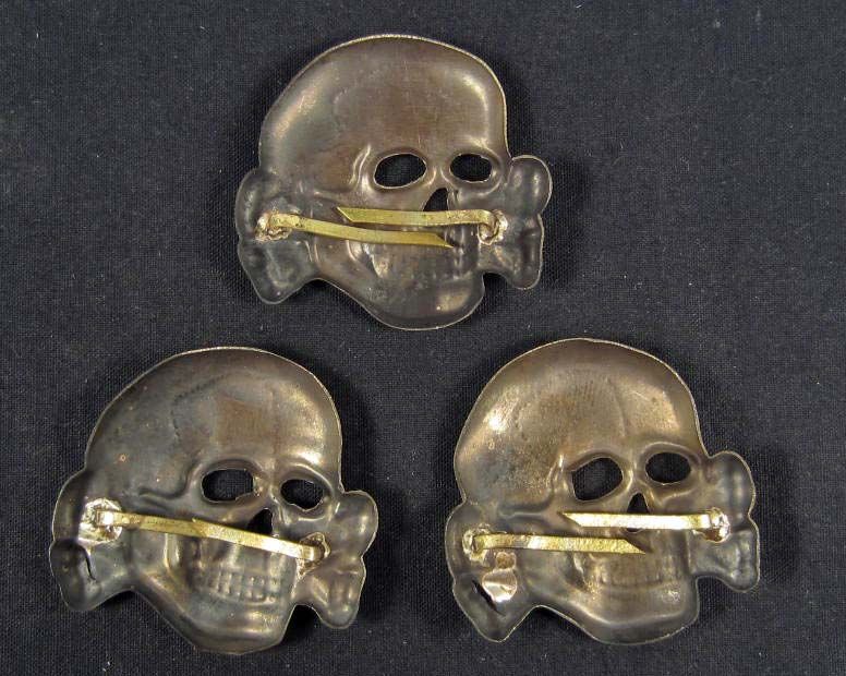 LOT OF 3 GERMAN NAZI SS SKULL AND CROSS BONES HAT BADGES