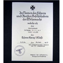 GERMAN NAZI DOCUMENT FOR THE 1ST CLASS IRON CROSS