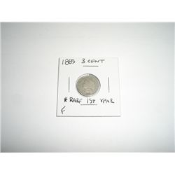 1865 Three Cent Piece *RARE 1st YEAR COIN - FINE GRADE - NICE COIN*!!