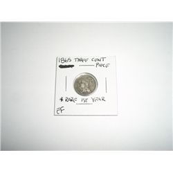 1865 Three Cent Piece *RARE 1st YEAR COIN - EXTRA FINE GRADE - NICE COIN*!!
