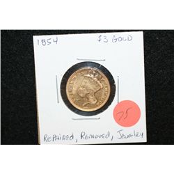 1854 Indian Princess $3 Gold Coin, Repaired & Removed from Jewelry