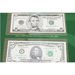 Premium Historical Portfolio; First of the new 1999 Series $5 and Last of the 1995 Series $5, lot of