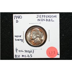 1940-D Jefferson Nickel, BU, MS65; Nice Toning (Full Steps)