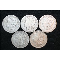 1888-S, 1891, 1899-O, 1921-D & 1921-S Silver Morgan $1, lot of 5