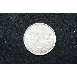 1938 German Silver 2 Reichsmark Foreign Coin, Flying Eagle w/Swatstika, COA Included