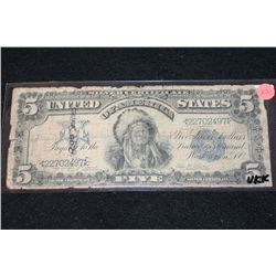 1899 US Silver Certificate $5, Blue Seal, Large Indian Chief Bill