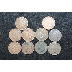 Indian Head Penny, various dates & conditions, lot of 10