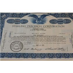 Sterling Precision Corp. Stock Certificate dated 1959