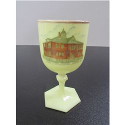 Vintage Unmarked Fenton Chalice with the New High School in Benton Wis.