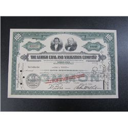 100 Shares Stock Certificate For The Lehigh Coal And Navigation Company, Canceled in 1945