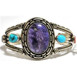 Old Pawn Charoite Sterling Silver Cuff Bracelet - L. Yazzie