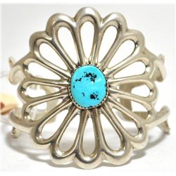 Old Pawn Turquoise Flower Sterling Silver Cuff Bracelet