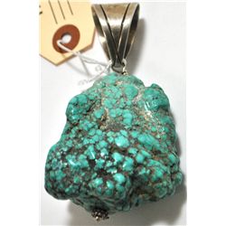 Old Pawn Large Natural Turquoise Stone Pendant w/ Sterling Silver Bale