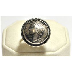 Old Pawn 1941 Mercury / Winged Liberty Dime Sterling Silver Women's Ring - B Johnson