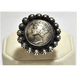 Old Pawn 1943 Mercury / Winged Liberty Dime Sterling Silver Women's Ring - B Johnson