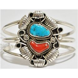 Old Pawn Coral & Turquoise Sterling Silver Cuff Bracelet - __Y?
