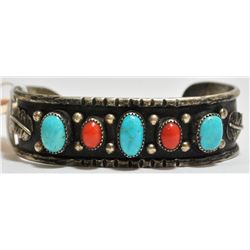 Old Pawn Coral & Turquoise Sterling Silver Cuff Bracelet - VM