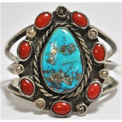 Old Pawn Coral & Turquoise Sterling Silver Small Cuff Bracelet