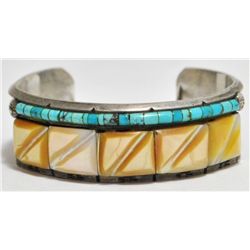 Old Pawn Golden Mother of Pearl & Turquoise Sterling Silver Cuff Bracelet - AB