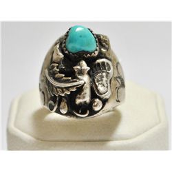 Old Pawn Turquoise Sterling Silver Bear & Leaf Men's Ring