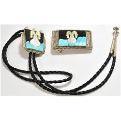 Old Pawn Multi-Stone Inlay Goat Sterling Silver Bolo Tie & Buckle Set - J Quam