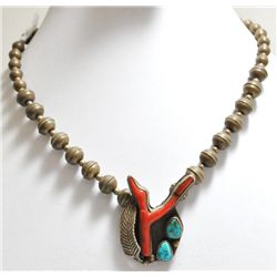 Old Pawn Coral & Turquoise Sterling Silver Small Necklace