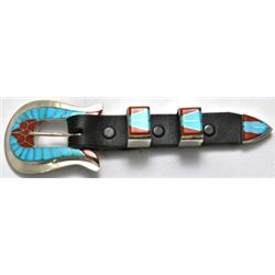 Zuni Coral & Turquoise Sterling Silver Ranger Buckle - Dickie Quandelacy