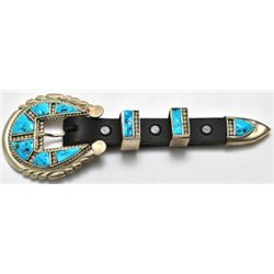 Zuni Turquoise Sterling Silver Ranger Buckle - Griffin & Evangeline Tsabetsaye