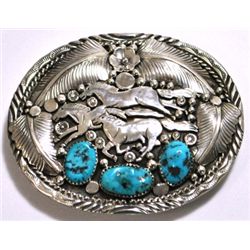 Navajo Turquoise Sterling Silver Galloping Horses Buckle - Richard Bitsie