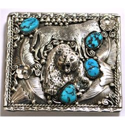 Navajo Turquoise Sterling Silver Wolf & Bear Buckle - Richard Bitsie