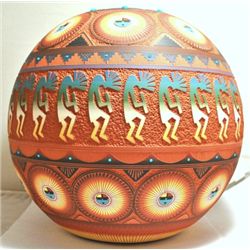 Navajo Turquoise Dotted Sun Face & Kokopelli Spheroid Pottery - Lori Smith