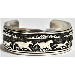 Navajo Sterling Silver Running Horses Cuff Bracelet - Tommy Singer