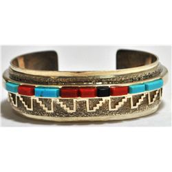 Navajo Onyx, Turquoise & Coral Sterling Silver Heavy Cuff Bracelet - Harrison Jim