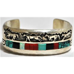 Navajo Multi-Stone Sterling Silver Running Horses Cuff Bracelet