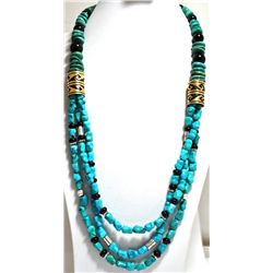 Navajo Turquoise & Onyx Necklace with 12k Gold Fill & Sterling Silver - Tommy Singer