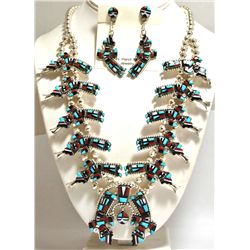 Zuni Multi-Stone Rainbow Kachina Squash Blossom Sterling Silver Necklace & Earrings Set - Herbert Ce
