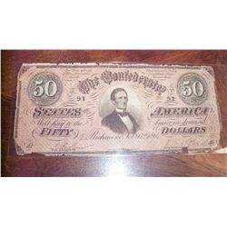 1864 $50 CSA CONFEDERATE CIVIL WAR CURRENCY