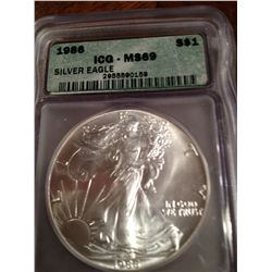 1986 PURE SILVER AMERICAN EAGLE, MS-69