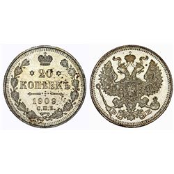 Russia. Nicolas II. AR 20 Kopecks 1909. Choice UNC